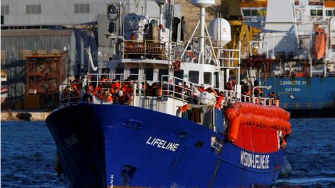 The charity ship Lifeline is seen at Boiler Wharf in Senglea, in Valletta"s Marsamxett Harbour, Malta